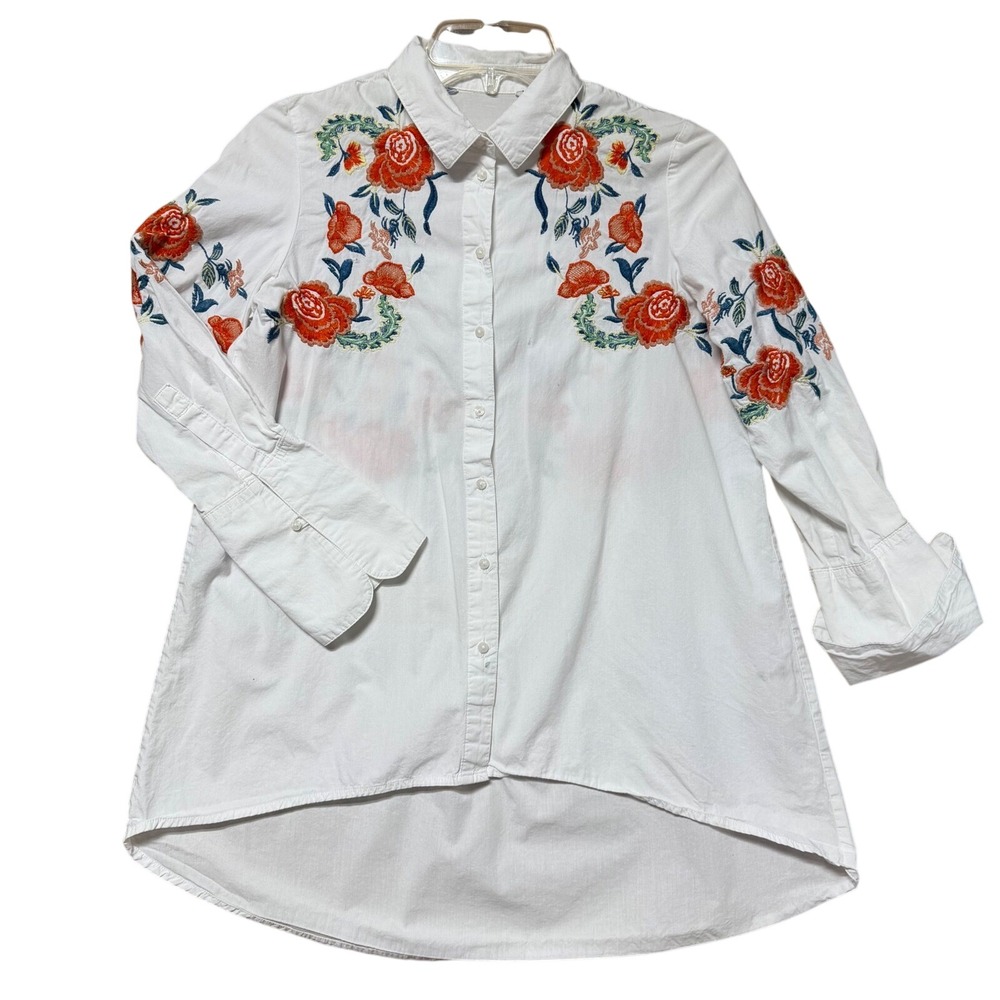 White Floral Embroidered High-Low Button Down Shirt‎ Boho Long Sleeve Top Sz S